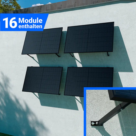 Photovoltaik-Montageset mit 16 Solarmodulen zur Wandmontage, platzsparend an der Fassade installiert mit stabiler Halterung für sichere Befestigung und nachhaltige Stromerzeugung – erhältlich bei SH24.