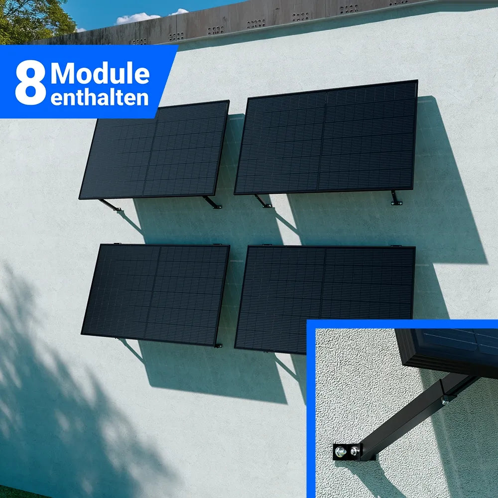 Photovoltaik Komplettset mit 8 Solarmodulen für Wandmontage – platzsparende Fassadeninstallation mit Befestigungssystem – erhältlich bei SH24.