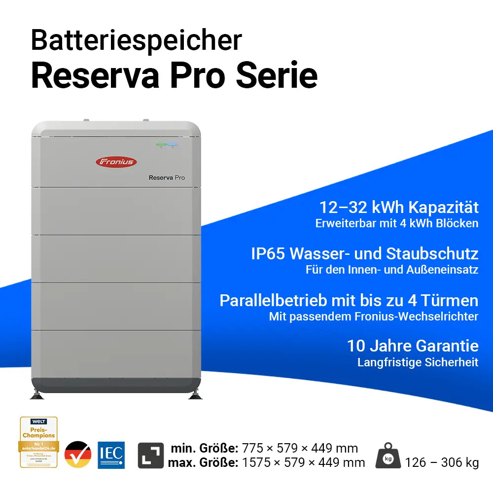 Fronius Reserva Pro Serie - 12-32 kWh Kapazität, IP65 Wasser- und Staubschutz, Parallelbetrieb mit bis zu 4 Türmen, 10 Jahre Garantie