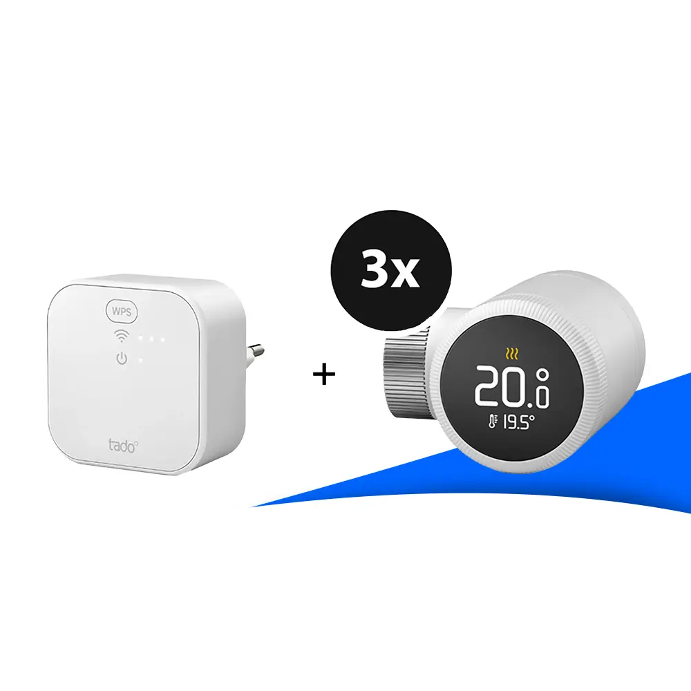tado° X Starter Kit – 3er Set Smartes Heizkörper-Thermostat mit Akku und Bridge X. Abgebildet sind eine weiße Bridge mit WPS-Taste und LED-Anzeige sowie drei smarte, runde Heizkörper-Thermostate mit digitaler Temperaturanzeige (20,0 °C) auf schwarzem Display. Erhältlich bei SH24.