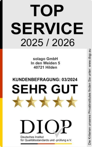 DIQP - Deutsches Institut für Qualitätsstandards und -prüfung e.V. TOP SERVICE solago Testsiegerbadge sehr gut